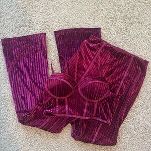 Maroon velvet 2 piece crop top bustier and wide leg pants set